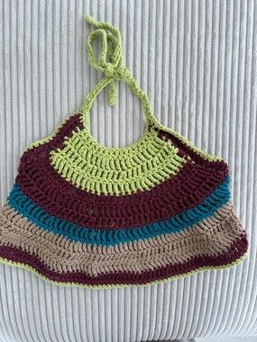 Handmade Crochet Halter Tank Top in Lime, Burgundy, Teal & Tan